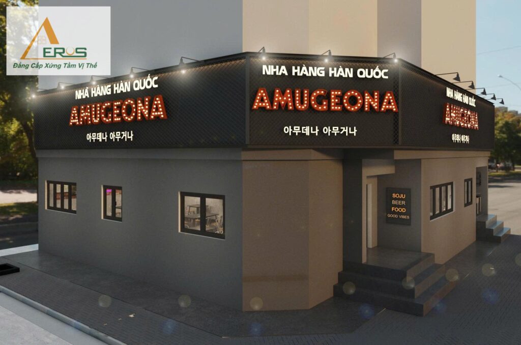 Mặt tiền nhà hàng phong cách retro Hàn Quốc nổi bật về đêm